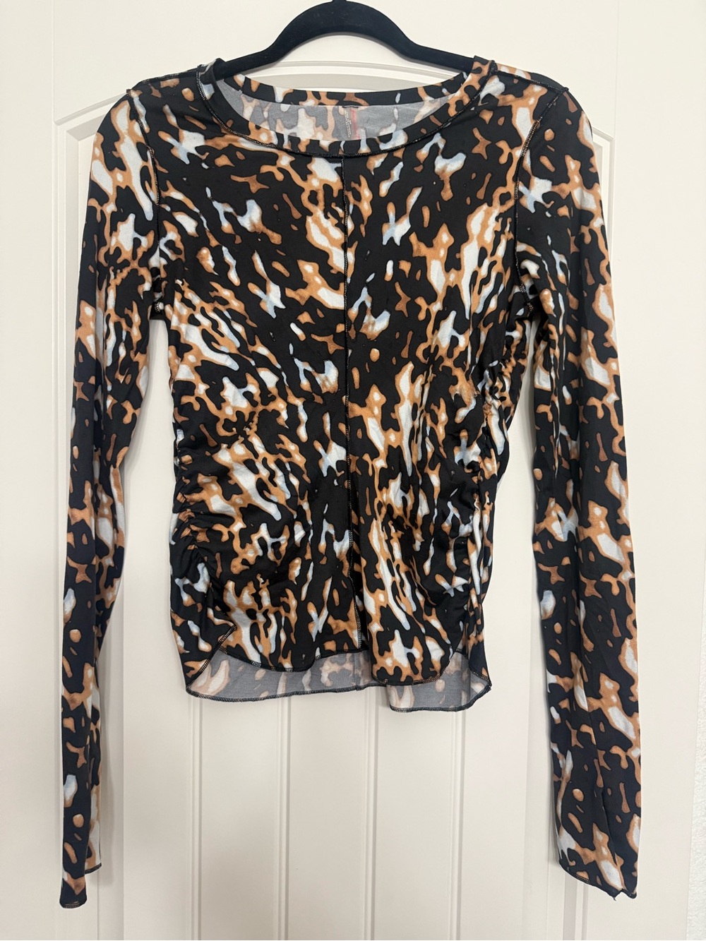 Free People Black and Brown Animal-Print Ruched Mesh Long Sleeve Top
